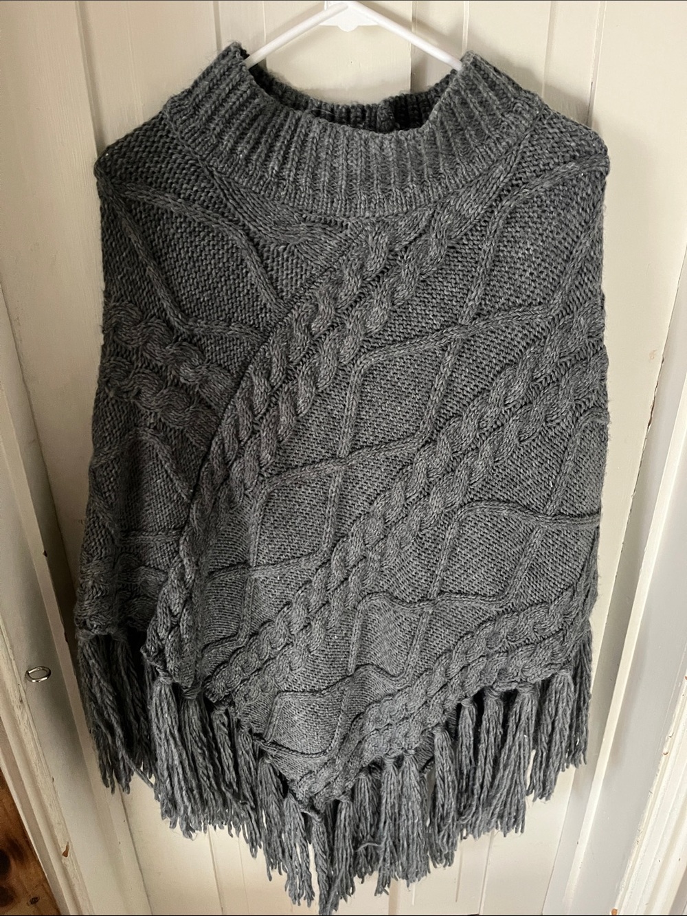 Cost Plus World Market Charcoal Cable-Knit Fringe Sweater Poncho